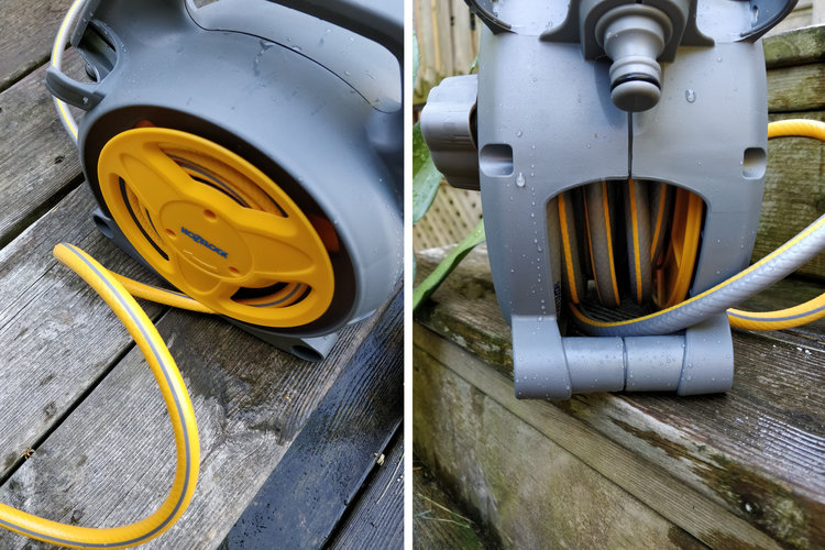 The yellow hose is 6-1/2' long and coils around a spool while the longer grey hose (26' long) wraps on the reel on the opposite side.  This gives you flexibility in using the hose: carry the reel with you or leave it as you walk to your plants.